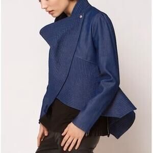 Eien Blue Denim Textured Quilted Open Front Asymmetrical Jacket Womens Size 2XL